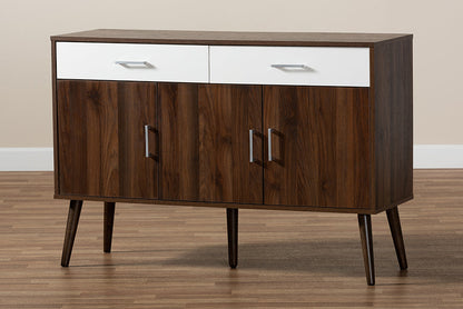 Baxton Studio Leena Mid-Century Modern Two-Tone White and Walnut Brown Finished Wood 2-Drawer Sideboard Buffet