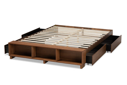 Baxton Studio Arthur Modern Rustic Ash Walnut Brown Finished Wood Queen Size Platform Bed with Built-In Shelves