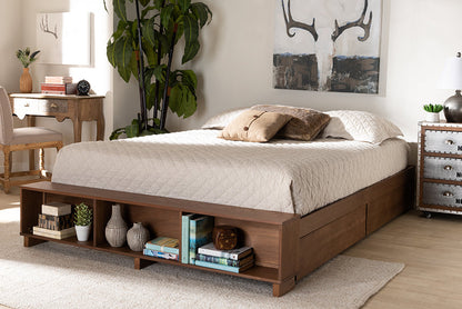 Baxton Studio Arthur Modern Rustic Ash Walnut Brown Finished Wood Queen Size Platform Bed with Built-In Shelves