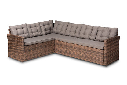 Baxton Studio Angela Modern and Contemporary Grey Fabric Upholstered and Brown Finished 4-Piece Woven Rattan Outdoor Patio Set