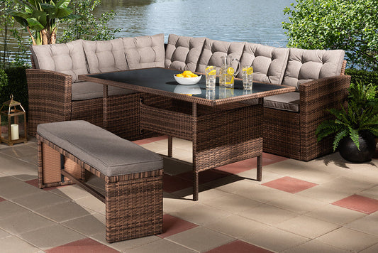 Baxton Studio Angela Modern and Contemporary Grey Fabric Upholstered and Brown Finished 4-Piece Woven Rattan Outdoor Patio Set
