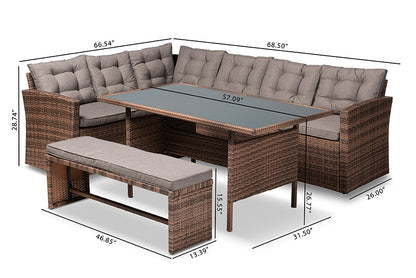 Baxton Studio Angela Modern and Contemporary Grey Fabric Upholstered and Brown Finished 4-Piece Woven Rattan Outdoor Patio Set