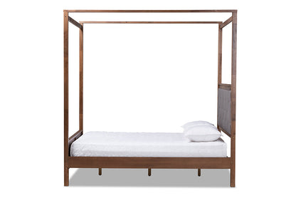 Baxton Studio Natasha Modern and Contemporary Grey Fabric Upholstered and Walnut Brown Finished Wood Queen Size Platform Canopy Bed