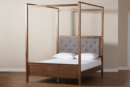 Baxton Studio Natasha Modern and Contemporary Grey Fabric Upholstered and Walnut Brown Finished Wood Queen Size Platform Canopy Bed