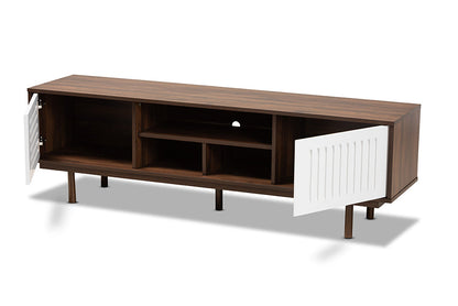Baxton Studio Meike Mid-Century Modern Two-Tone Walnut Brown and White Finished Wood TV Stand