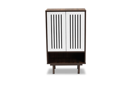 Baxton Studio Meike Mid-Century Modern Two-Tone Walnut Brown and White Finished Wood 2-Door Shoe Cabinet