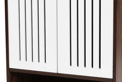 Baxton Studio Meike Mid-Century Modern Two-Tone Walnut Brown and White Finished Wood 2-Door Shoe Cabinet