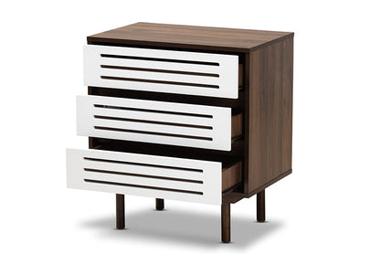 Baxton Studio Meike Mid-Century Modern Two-Tone Walnut Brown and White Finished Wood 3-Drawer Nightstand