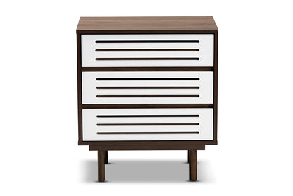 Baxton Studio Meike Mid-Century Modern Two-Tone Walnut Brown and White Finished Wood 3-Drawer Nightstand