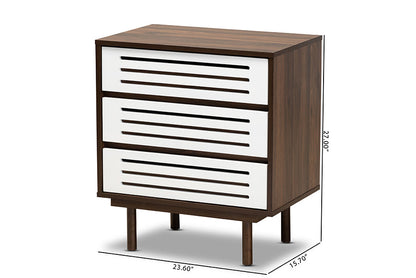 Baxton Studio Meike Mid-Century Modern Two-Tone Walnut Brown and White Finished Wood 3-Drawer Nightstand
