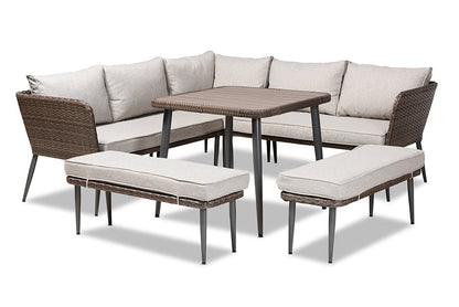 Baxton Studio Lillian Modern and Contemporary Light Grey Upholstered and Brown Finished 5-Piece Woven Rattan Outdoor Patio Set