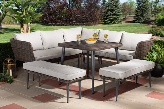 Baxton Studio Lillian Modern and Contemporary Light Grey Upholstered and Brown Finished 5-Piece Woven Rattan Outdoor Patio Set