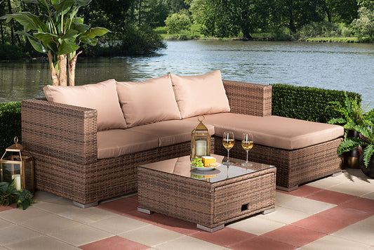 Baxton Studio Addison Modern and Contemporary Light Brown Upholstered and Brown Finished 3-Piece Woven Rattan Outdoor Patio Set with Adjustable Recliner