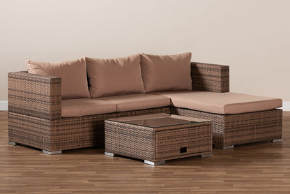 Baxton Studio Addison Modern and Contemporary Light Brown Upholstered and Brown Finished 3-Piece Woven Rattan Outdoor Patio Set with Adjustable Recliner