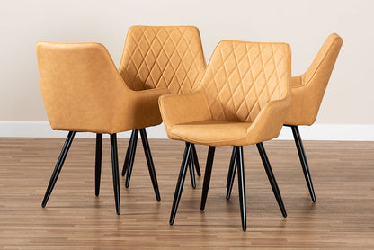 Baxton Studio Astrid Mid-Century Contemporary Tan Faux Leather Upholstered and Black Metal 4-Piece Dining Chair Set
