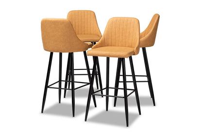 Baxton Studio Walter Mid-Century Contemporary Tan Faux Leather Upholstered and Black Metal 4-Piece Bar Stool Set