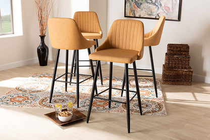 Baxton Studio Walter Mid-Century Contemporary Tan Faux Leather Upholstered and Black Metal 4-Piece Bar Stool Set