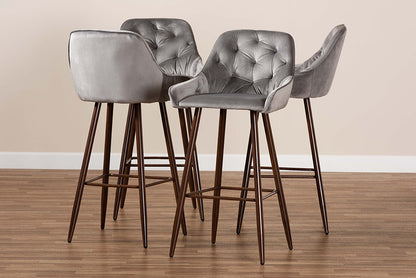 Baxton Studio Catherine Modern and Contemporary Grey Velvet Fabric Upholstered and Walnut Finished 4-Piece Bar Stool Set