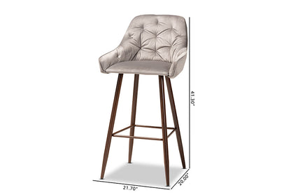Baxton Studio Catherine Modern and Contemporary Grey Velvet Fabric Upholstered and Walnut Finished 4-Piece Bar Stool Set