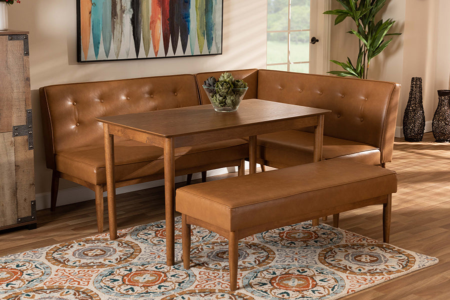 Baxton Studio Arvid Mid-Century Modern Tan Faux Leather Upholstered and Walnut Brown Finished Wood 4-Piece Dining Nook Set