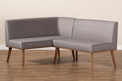 Baxton Studio Odessa Mid-Century Modern Grey Fabric Upholstered and Walnut Brown Finished 2-Piece Wood Dining Nook Banquette Set