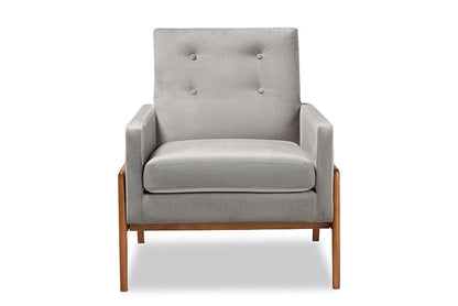 Baxton Studio Perris Mid-Century Modern Grey Velvet Fabric Upholstered and Walnut Brown Finished Wood Lounge Chair