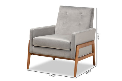 Baxton Studio Perris Mid-Century Modern Grey Velvet Fabric Upholstered and Walnut Brown Finished Wood Lounge Chair