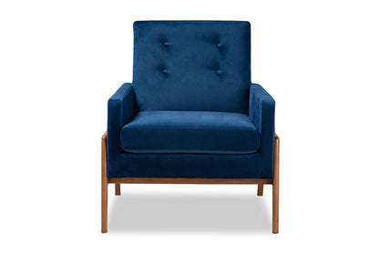 Baxton Studio Perris Mid-Century Modern Navy Blue Velvet Fabric Upholstered and Walnut Brown Finished Wood Lounge Chair