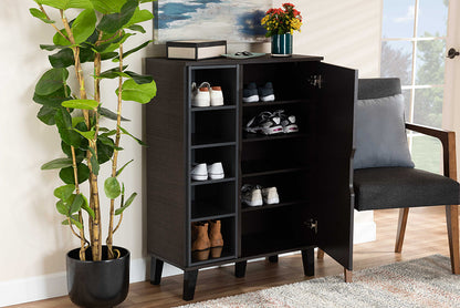 Baxton Studio Idina Mid-Century Modern Two-Tone Dark Brown and Grey Finished Wood 1-Door Shoe Cabinet