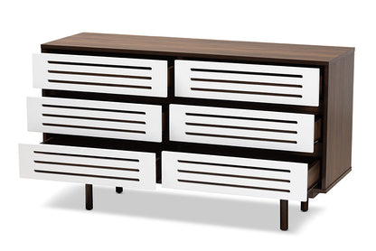 Baxton Studio Meike Mid-Century Modern Two-Tone Walnut Brown and White Finished Wood 6-Drawer Dresser