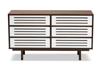 Baxton Studio Meike Mid-Century Modern Two-Tone Walnut Brown and White Finished Wood 6-Drawer Dresser
