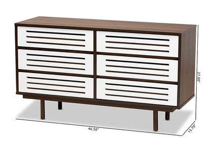 Baxton Studio Meike Mid-Century Modern Two-Tone Walnut Brown and White Finished Wood 6-Drawer Dresser