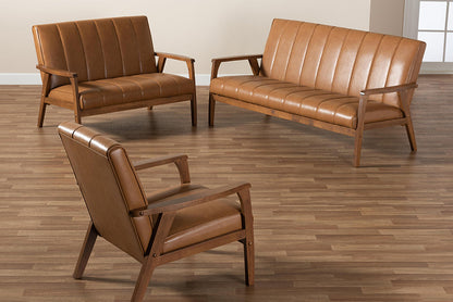 Baxton Studio Nikko Mid-century Modern Tan Faux Leather Upholstered and Walnut Brown finished Wood 3-Piece Living Room Set
