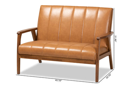 Baxton Studio Nikko Mid-century Modern Tan Faux Leather Upholstered and Walnut Brown finished Wood Loveseat