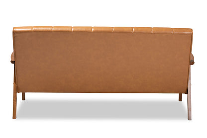 Baxton Studio Nikko Mid-century Modern Tan Faux Leather Upholstered and Walnut Brown finished Wood Sofa