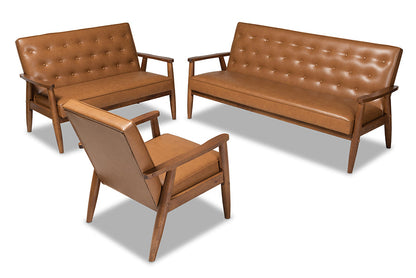Baxton Studio Sorrento Mid-Century Modern Tan Faux Leather Upholstered and Walnut Brown Finished Wood 3-Piece Living Room Set