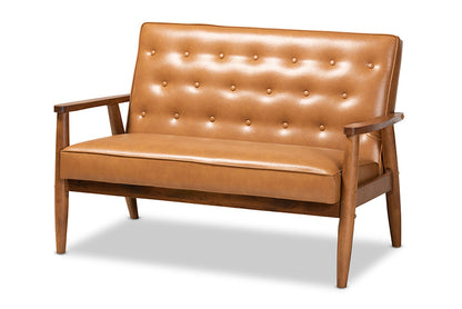 Baxton Studio Sorrento Mid-Century Modern Tan Faux Leather Upholstered and Walnut Brown Finished Wood 3-Piece Living Room Set