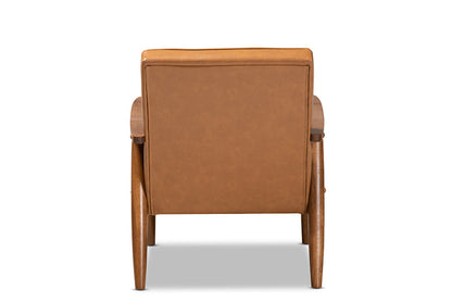 Baxton Studio Sorrento Mid-Century Modern Tan Faux Leather Upholstered and Walnut Brown Finished Wood Lounge Chair