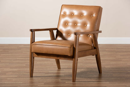 Baxton Studio Sorrento Mid-Century Modern Tan Faux Leather Upholstered and Walnut Brown Finished Wood Lounge Chair