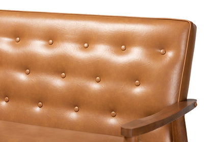Baxton Studio Sorrento Mid-Century Modern Tan Faux Leather Upholstered and Walnut Brown Finished Wood Sofa