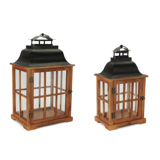 Rustic Wood and Iron Framed Glass Lantern (Set of 2)