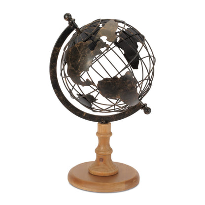 Iron Globe with Natural Wood Base 14.5"H