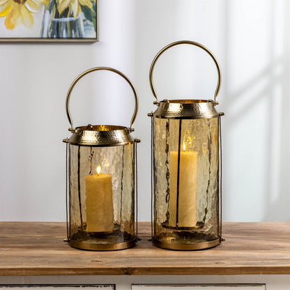 Wavy Amber Glass Lantern 15.5"H