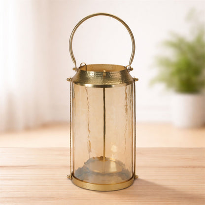 Wavy Amber Glass Lantern 13"H