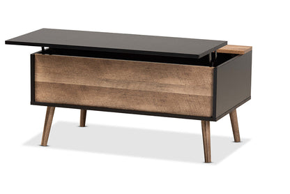 Baxton Studio Jensen Modern and Contemporary Two-Tone Black and Rustic Brown Finished Wood Lift Top Coffee Table with Storage Compartment
