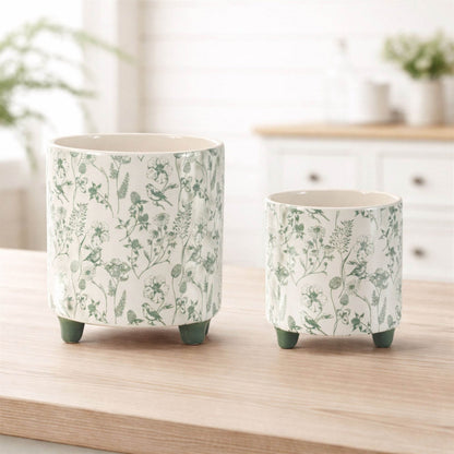 Botanical Bird Print Dolomite Planter (Set of 2)