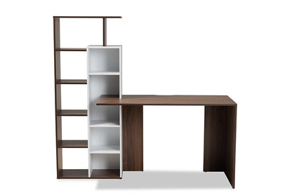 Baxton Studio Rowan Modern and Contemporary Two-Tone White and Walnut Brown Finished Wood Storage Computer Desk with Shelves