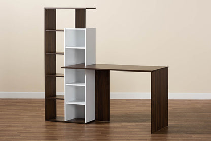 Baxton Studio Rowan Modern and Contemporary Two-Tone White and Walnut Brown Finished Wood Storage Computer Desk with Shelves