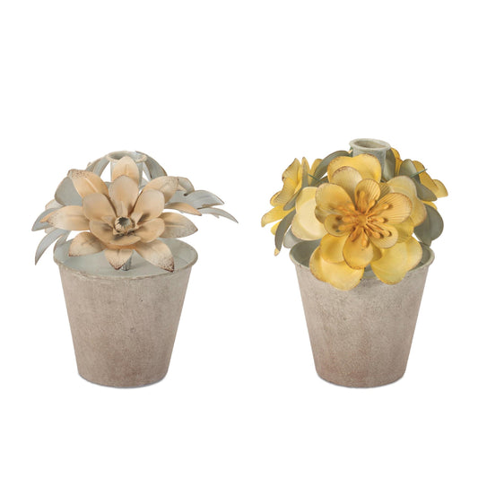 Sculpted Metal Flower Pot Taper Candle Holder (Set of 2)