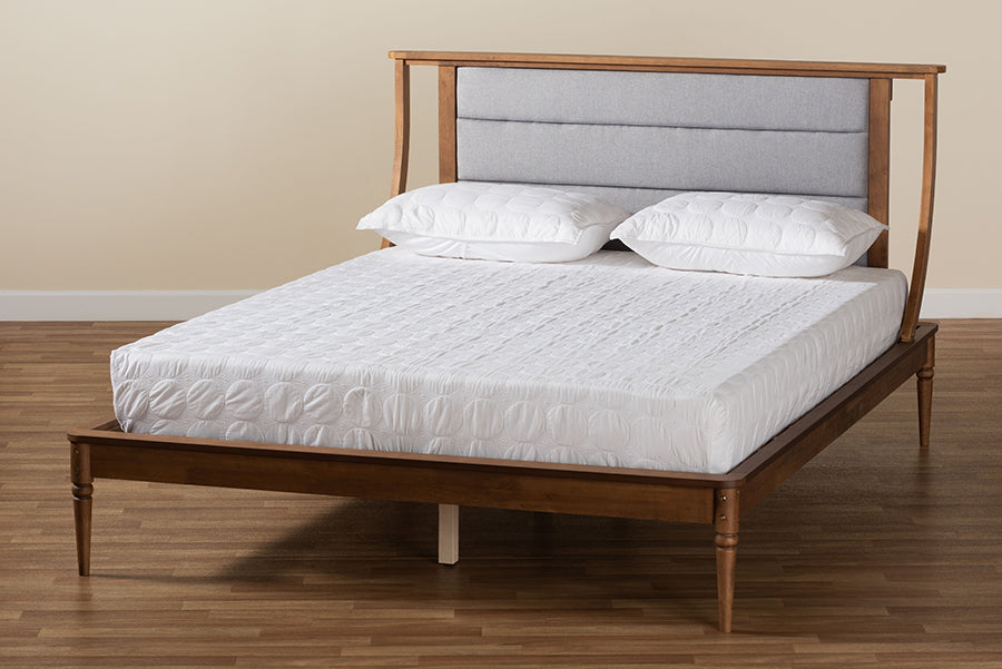 Baxton Studio Regis Modern and Contemporary Transitional Light Grey Fabric Upholstered and Walnut Brown Finished Wood Queen Size Platform Bed
